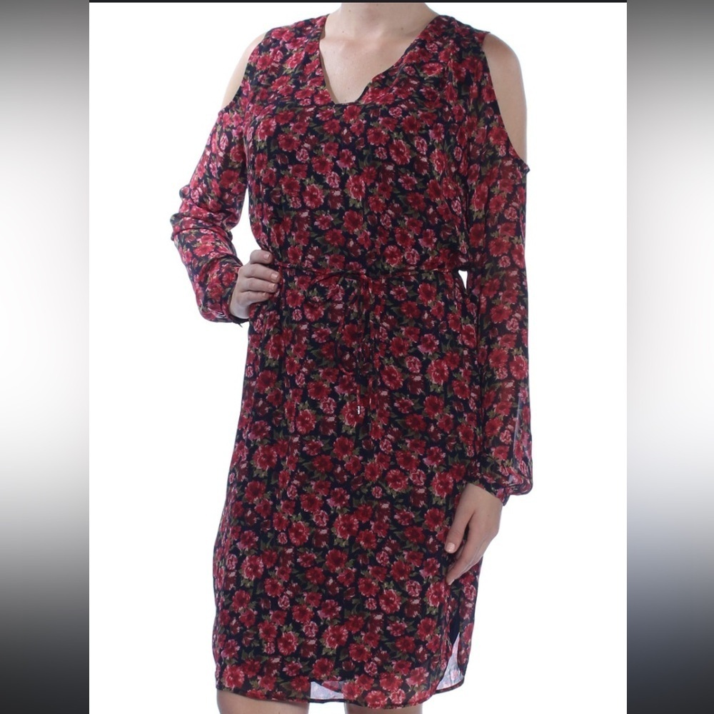 Ralph Lauren Red Sheath Dress with Bishop Sleeves and Cold Shoulder